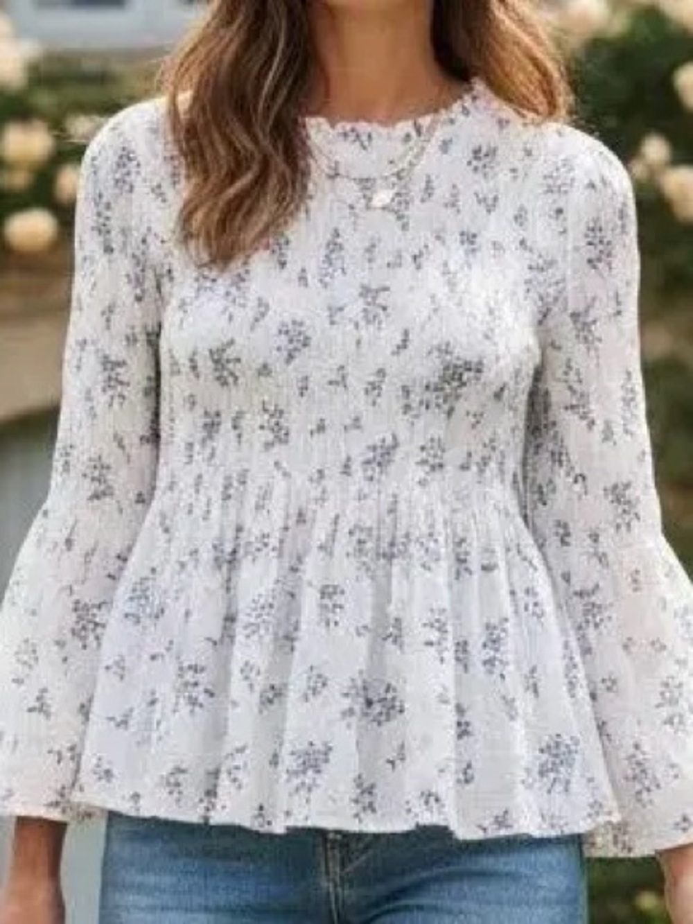 Adiva White Long-Sleeve Smocked Blouse with Blue Floral Print